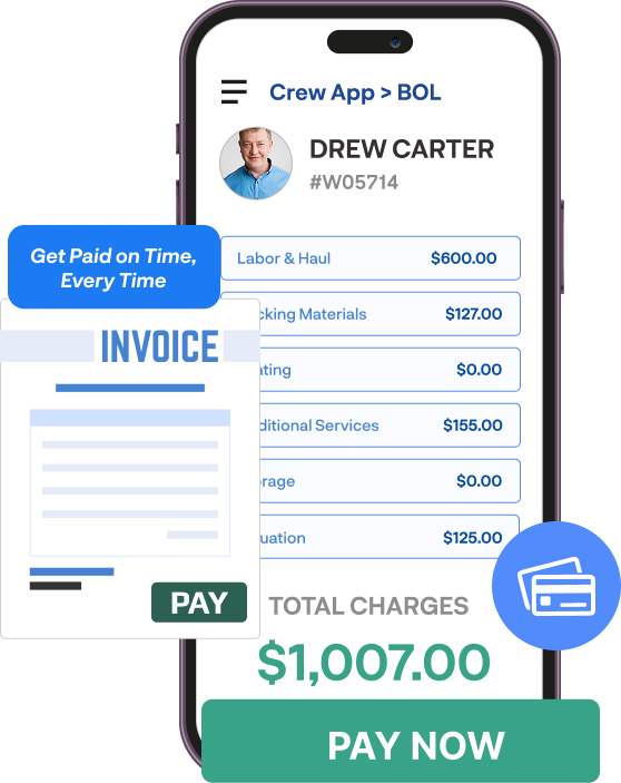 Digital invoice and payment screen in Movegistics Crew App showing automated job charges and 'Pay Now' option for faster collections and recurring billing